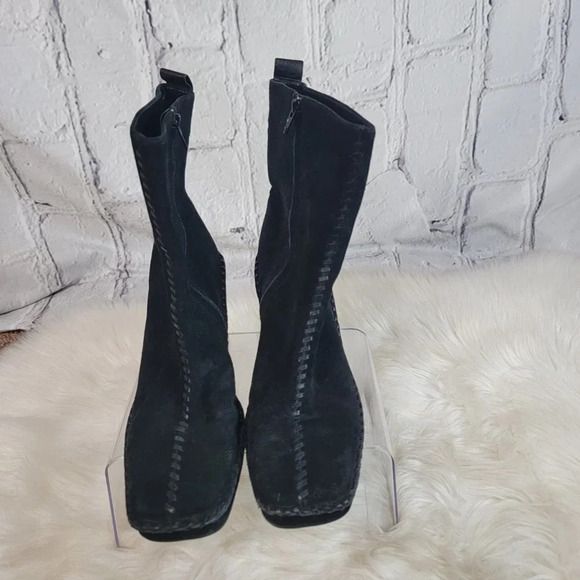 Linea Paolo Womens Suede Leather Square Toe Chunky Heel Black Mid-Calf Boot Chic - Picture 4 of 12